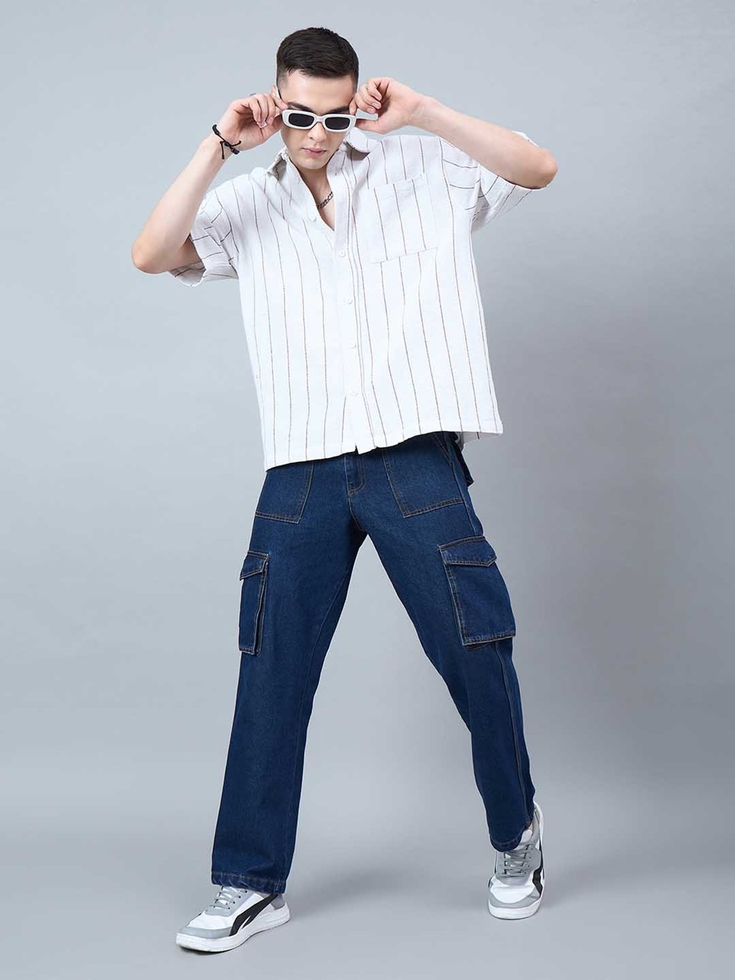 CHIMPAAANZEE White & Brown Loose Fit Striped Oversized Shirt