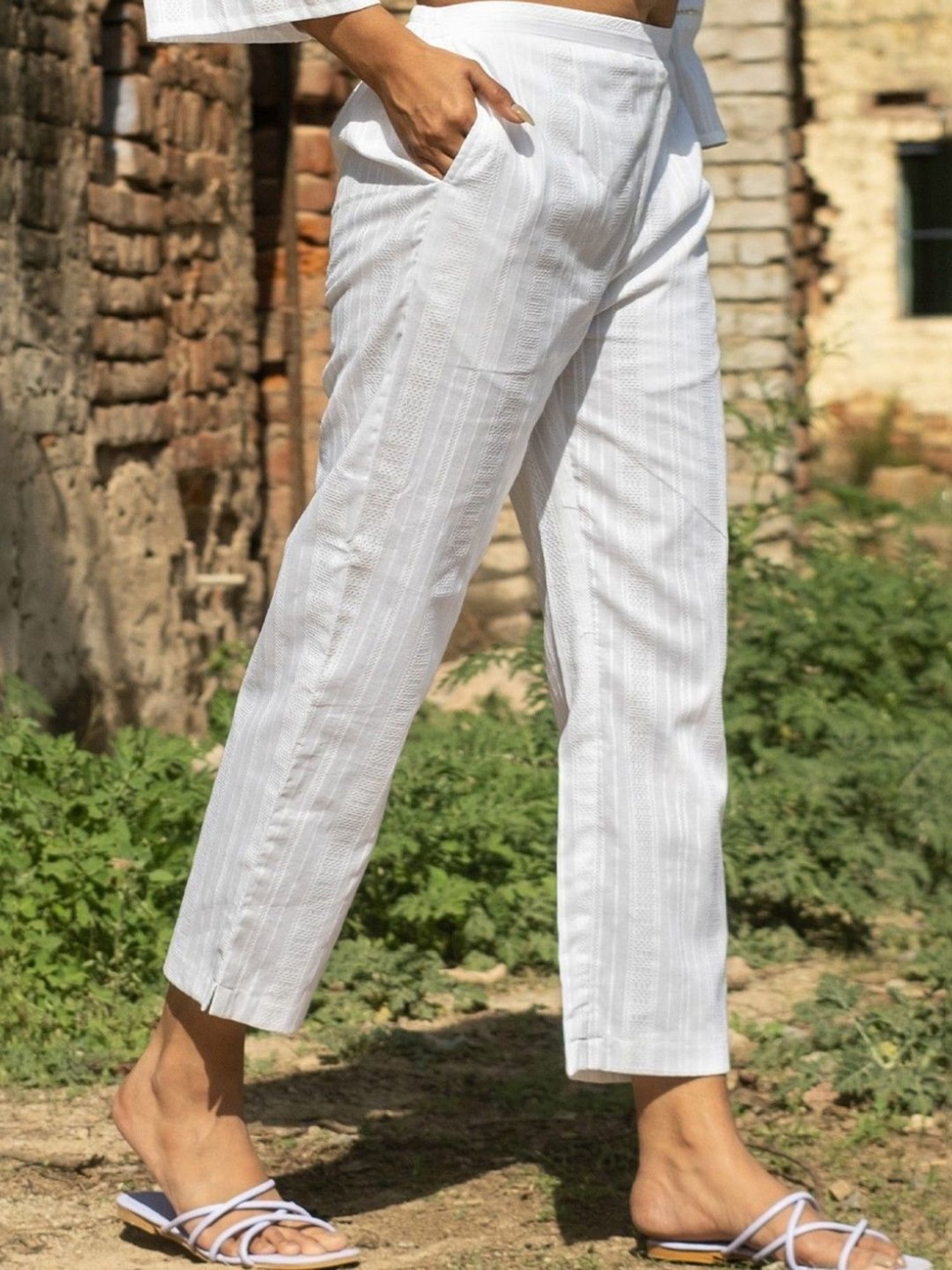 Akiso Kora Striped White Cotton Straight Pants