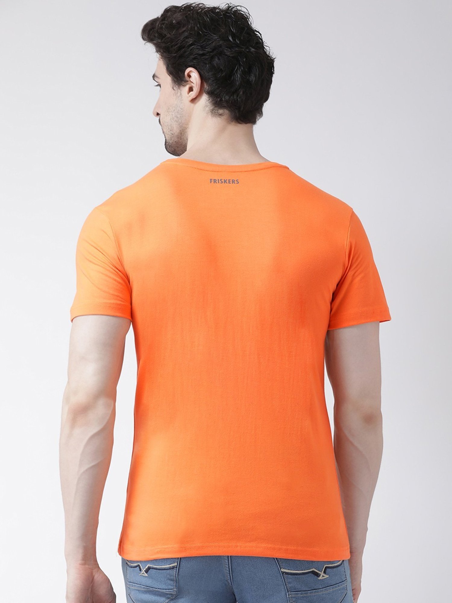 Friskers Orange Cotton Slim Fit Printed T-Shirt