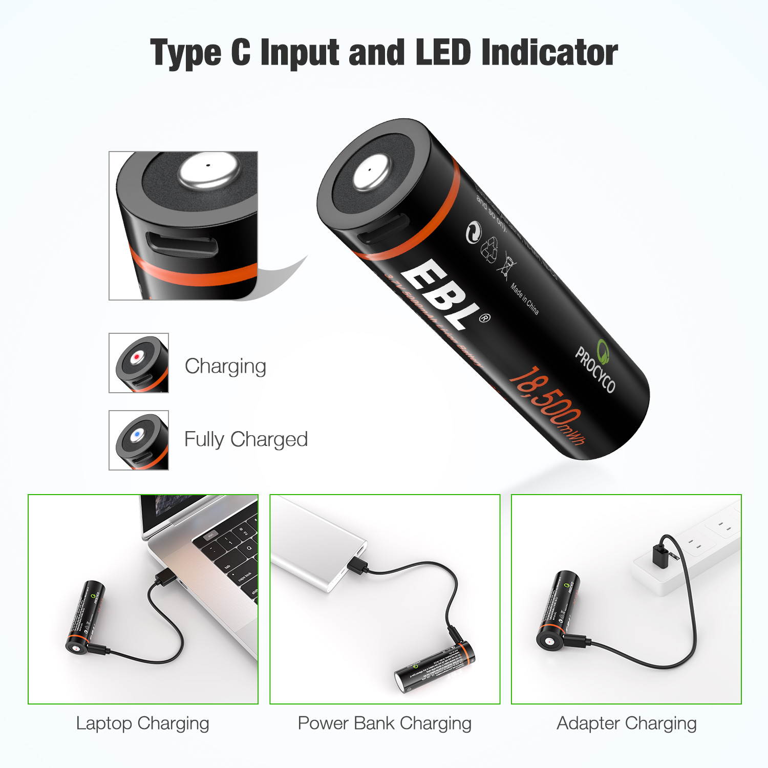 EBL 5000mAh Rechargeable Batteries, 3.7v Lithium-ion Battery with Type-C USB Charging Cable for Flashlight, LED Head Lamp
