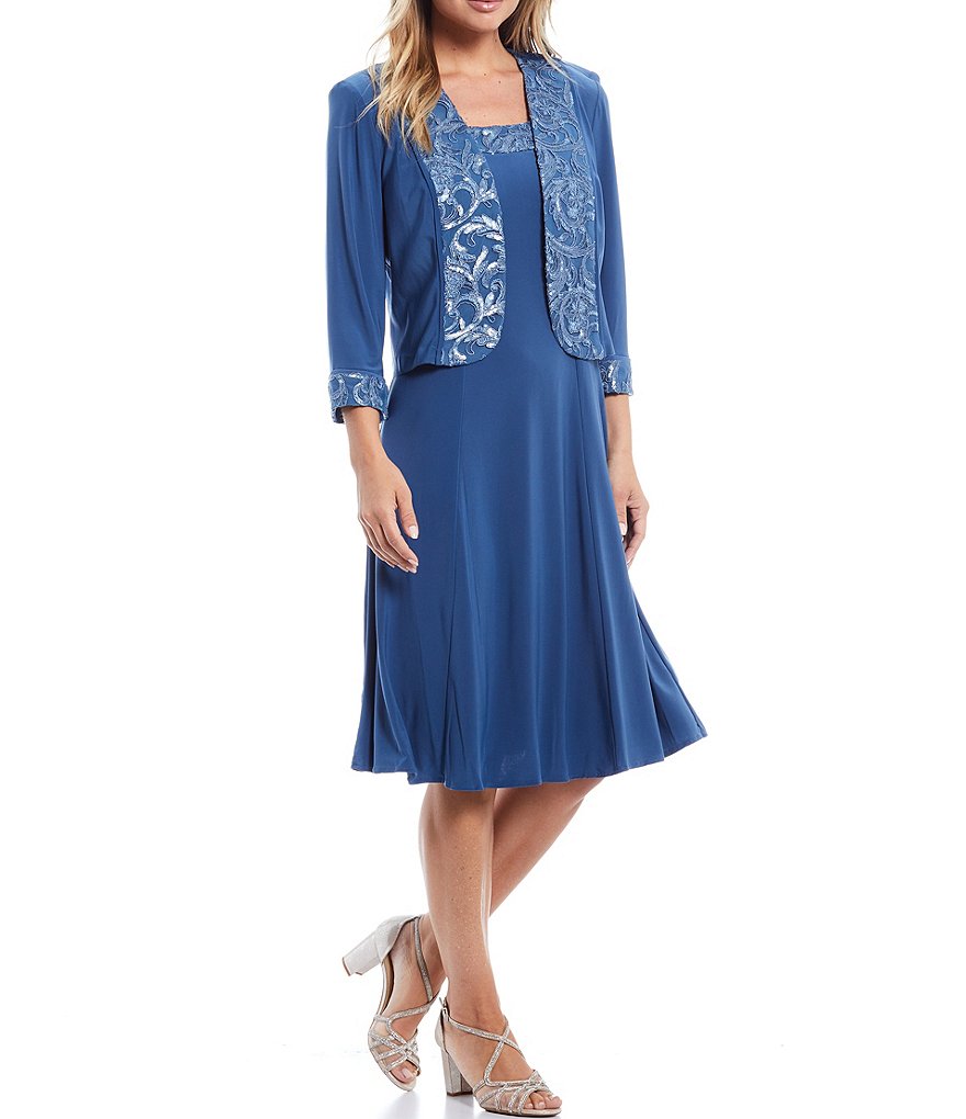 Le Bos A-Line Jersey Embroidered Scoop Neck 3/4 Sleeve 2-Piece Jacket Dress