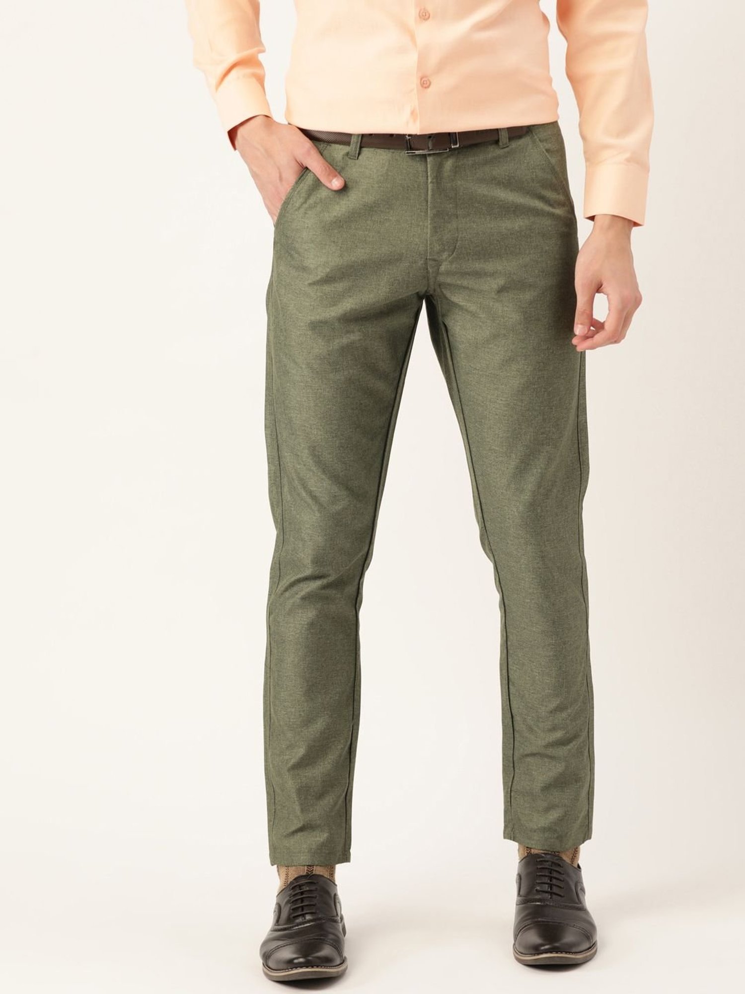 Sojanya Green Cotton Regular Slim Fit Self Pattern Flat Front Trousers