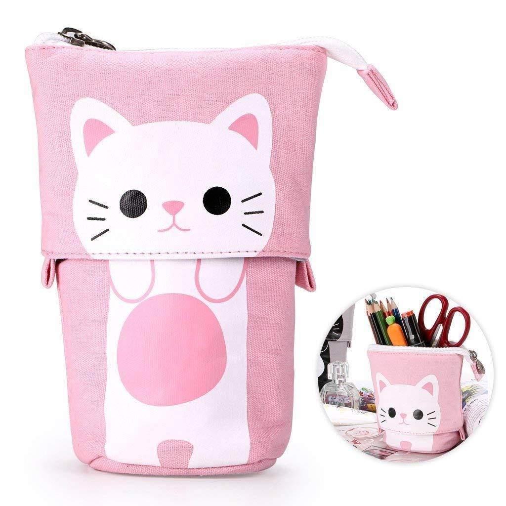 Telescopic Pencil Pouch Standing Pen Holder Cute Pencil Bags Stand Up Pen Case Cartoon Pencil/Pens Storage Box Canvas+PU Stationery Organizer Makeup Bag with Zipper Closure (Pink)