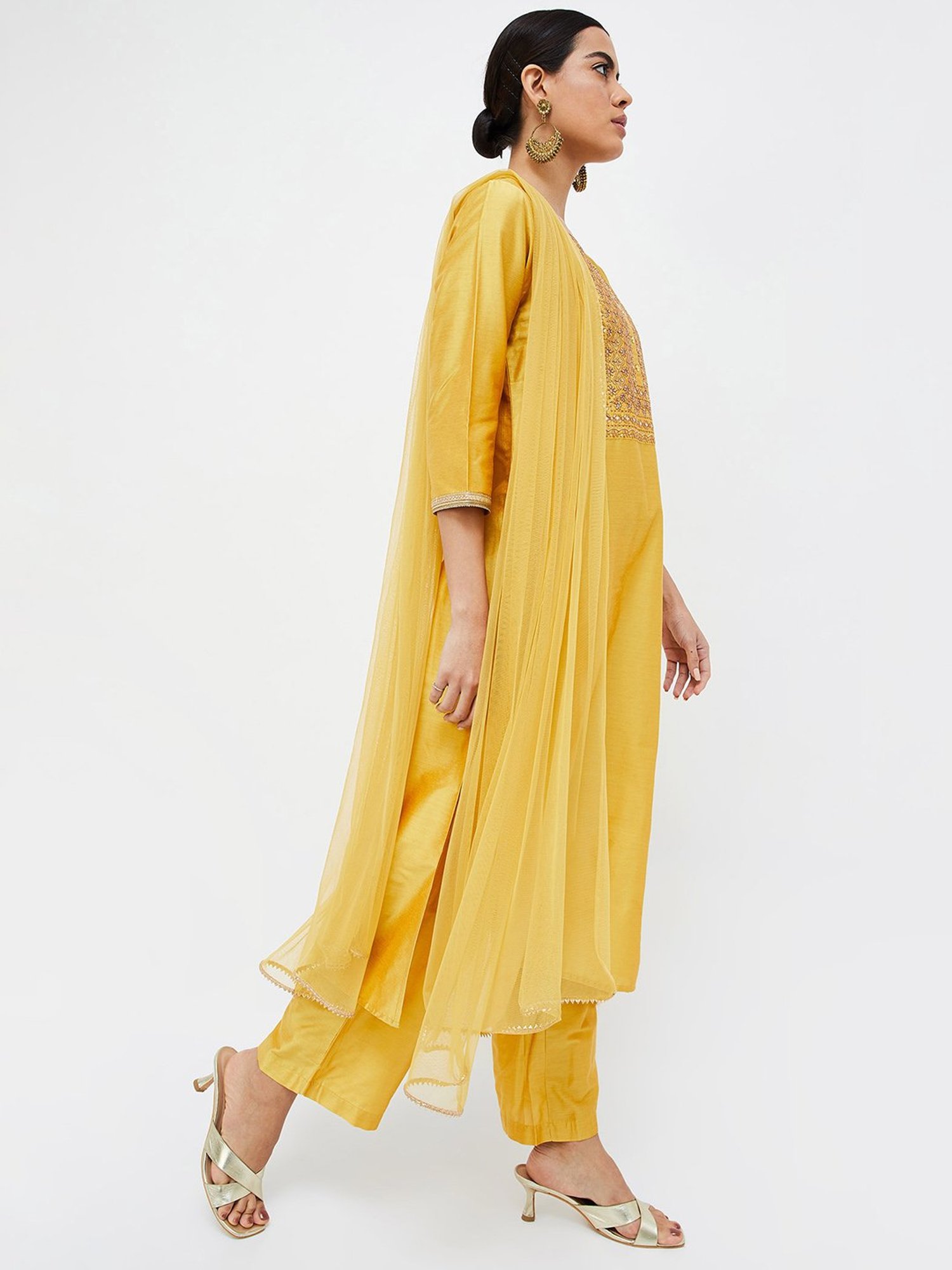 Melange by Lifestyle Yellow Embellished Kurta With Pants & Dupatta
