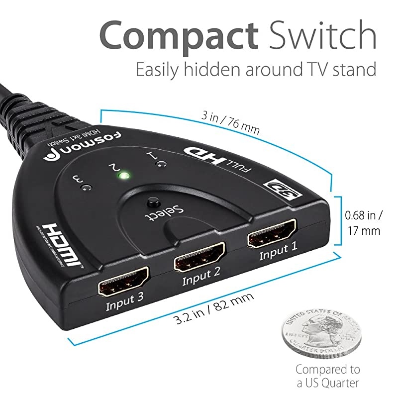 3-Port HDMI Switcher, Intelligent 3x1 Auto Switch Selector Support Full HD 3D 1080p HDCP, 3 In 1 Out HDMI Splitter with 24K Gold Plated HDMI Cable for HDTV DVD PS3 PS4 Xbox One Bluray Apple TV