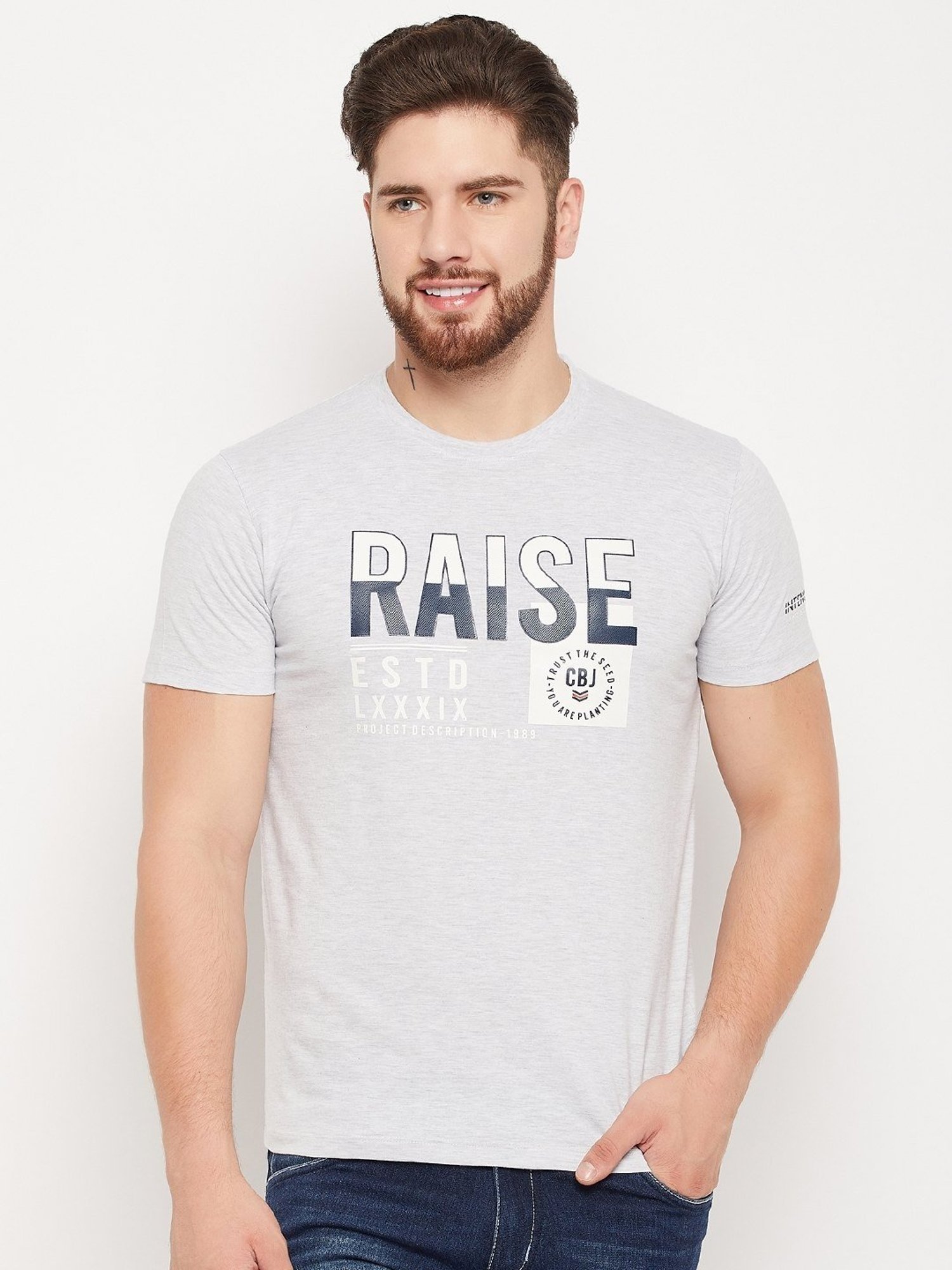 Cantabil Grey Regular Fit Printed T-Shirt
