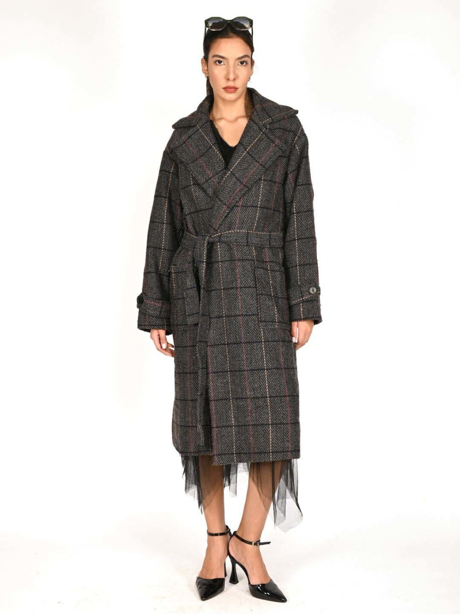 Odette Grey Self Pattern Jacket With Belt