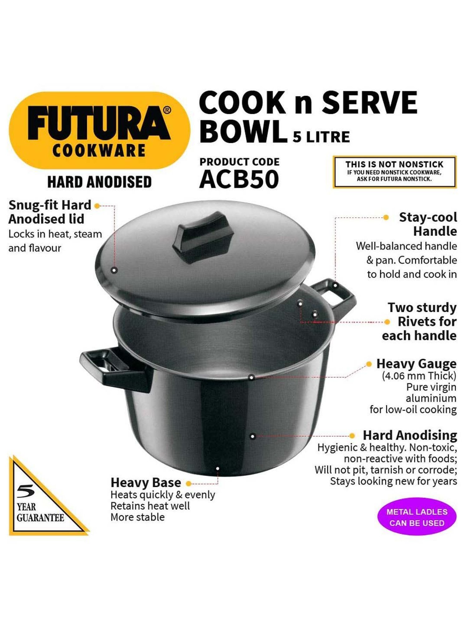 Hawkins Futura Black Nonstick Aluminium 23 cm Cook & Serve Pot with Lid, 5 L
