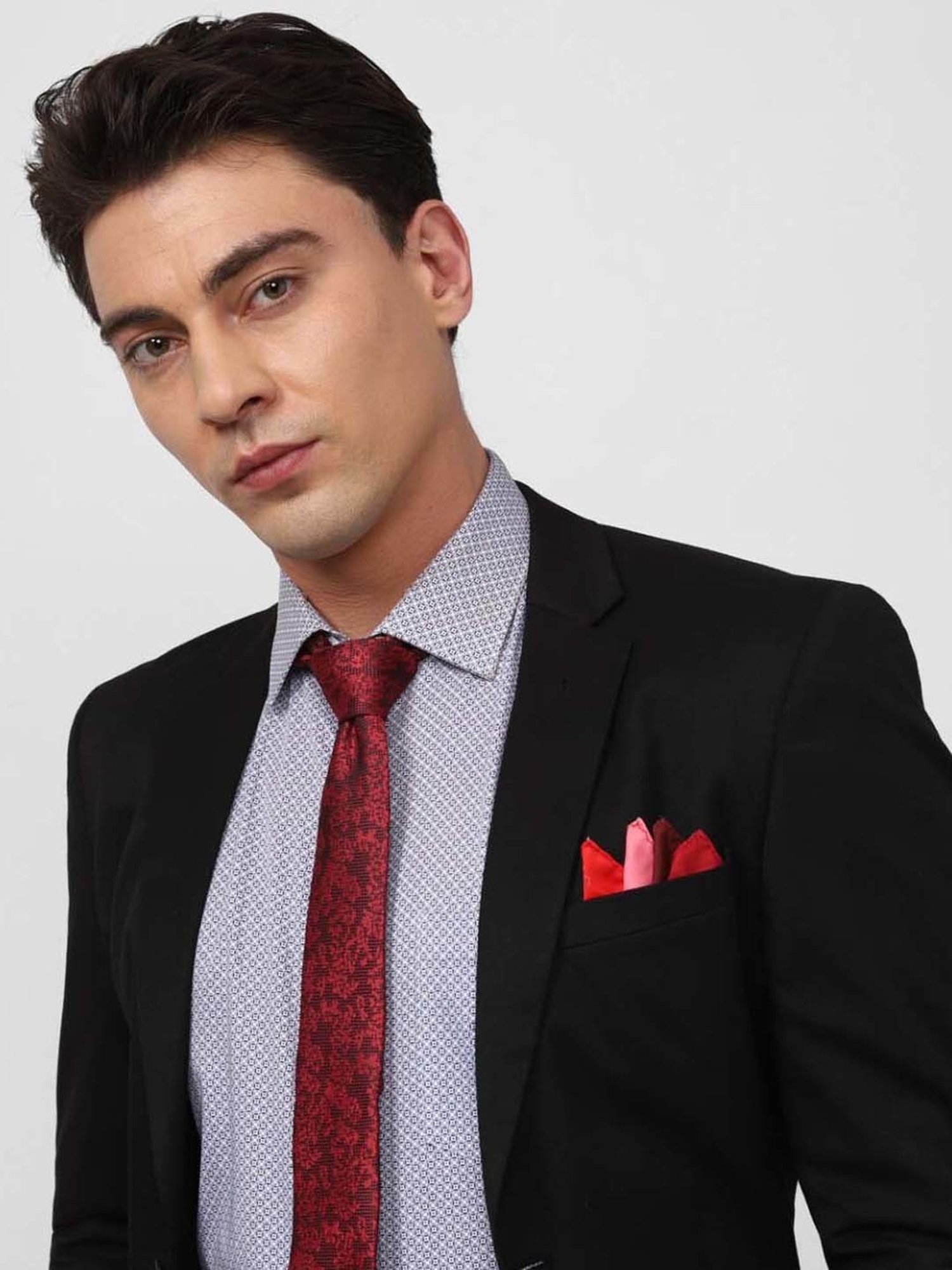 Louis Philippe Red Embroidered Tie with Pocket Square