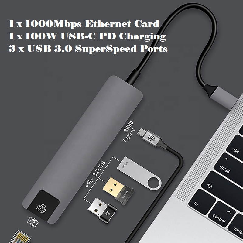 Gigabit Ethernet Card Type-C 3 USB3.0 + USB-C Female PD Charging HUB Aluminum Alloy, 5 in 1 USB-C HUB with 1000Mbps LAN PD 2 x USB 3.0 Ports, Type-C to RJ45 PD USB Dock.