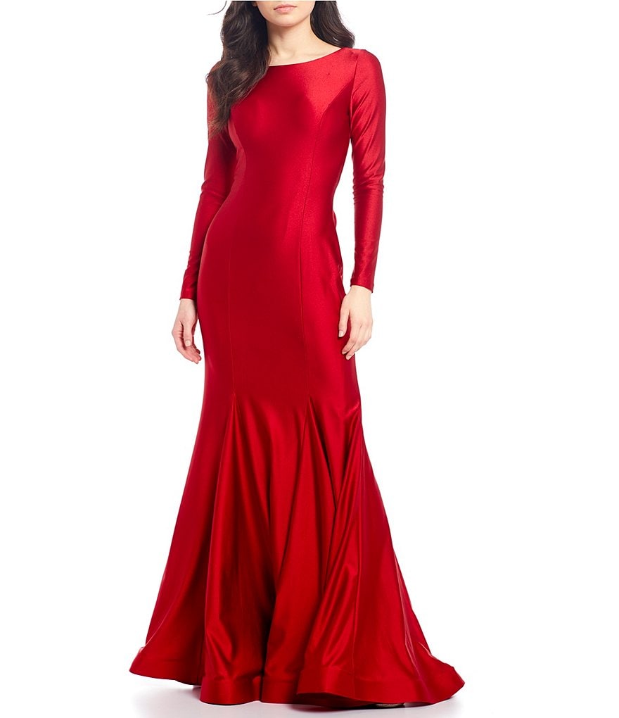 Blondie Nites Long Sleeve Lace-Up Back Stretch Satin Trumpet Dress