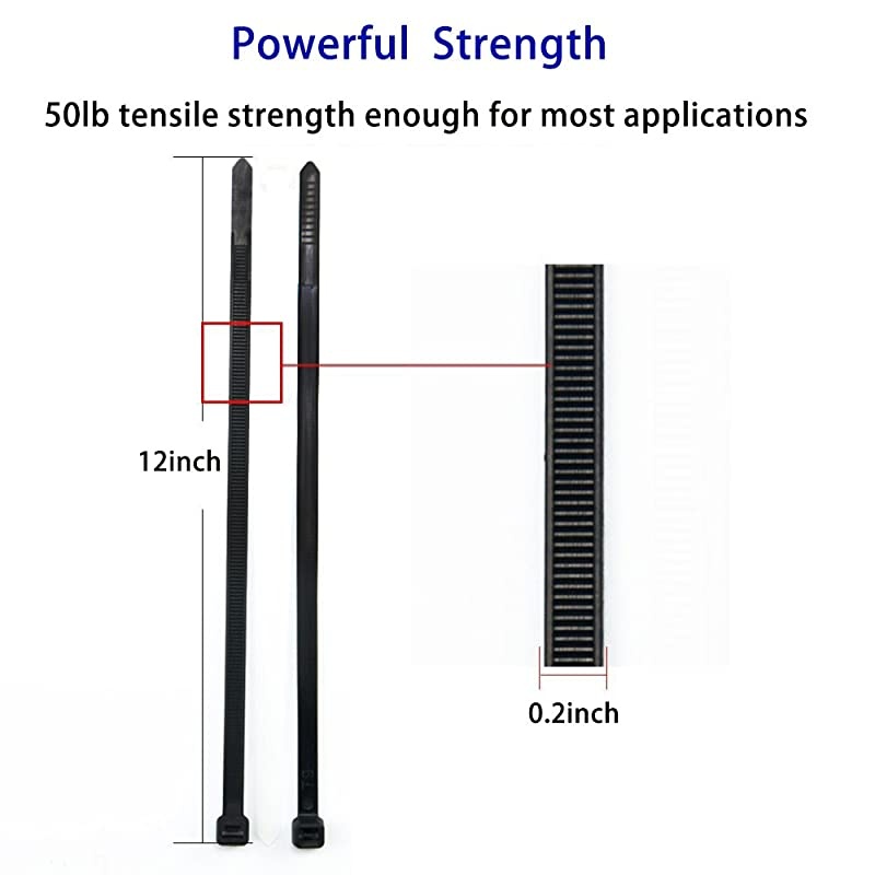 Ties 12 Inch, Zip Ties 12 Inch with 50 Pounds Tensile Strength, 100 Pieces, Black