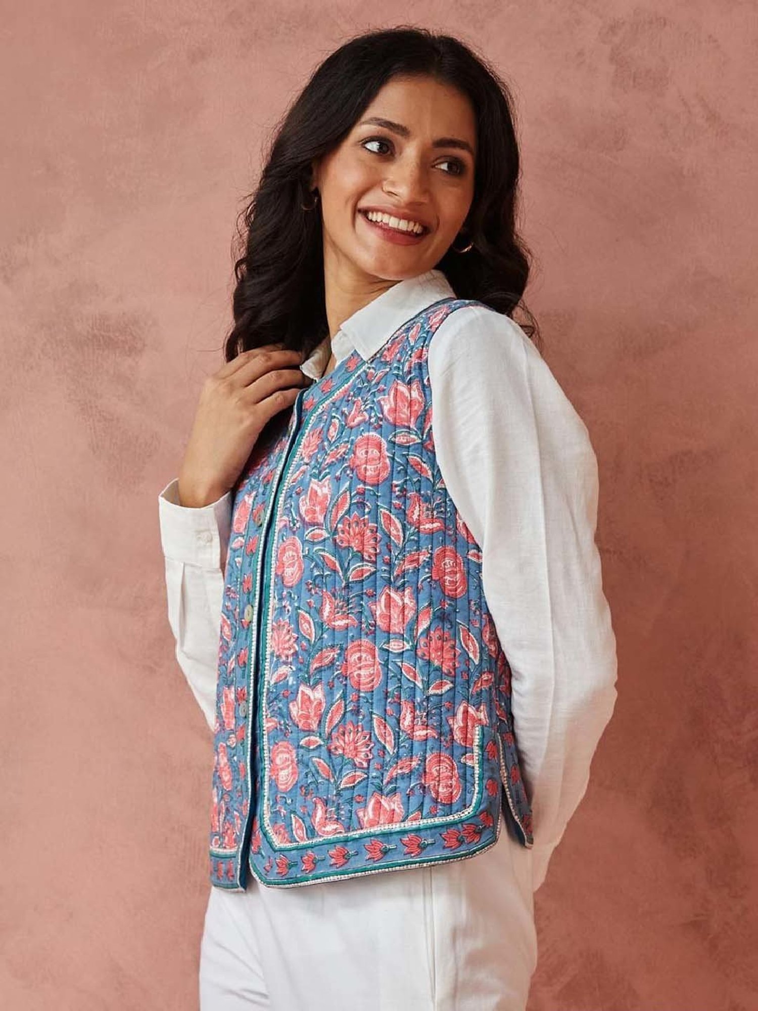 Fabindia Blue Cotton Printed Jacket