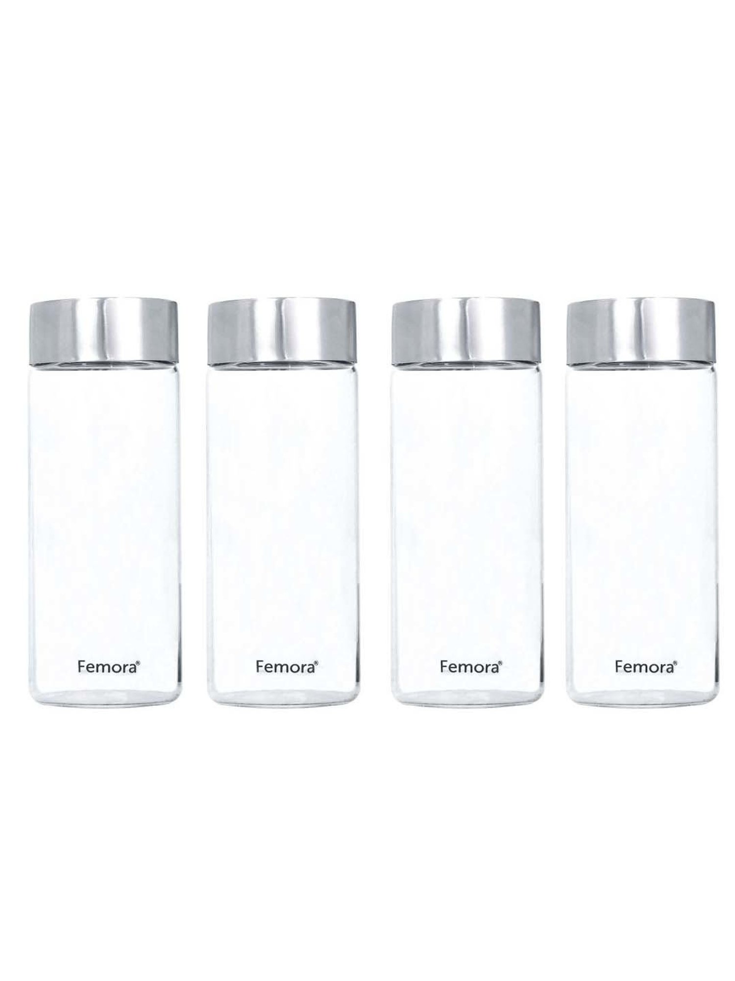 Femora Transprent Borosilicate Glass Water Bottle With Steel Lid (0.5 L) - Set of 4
