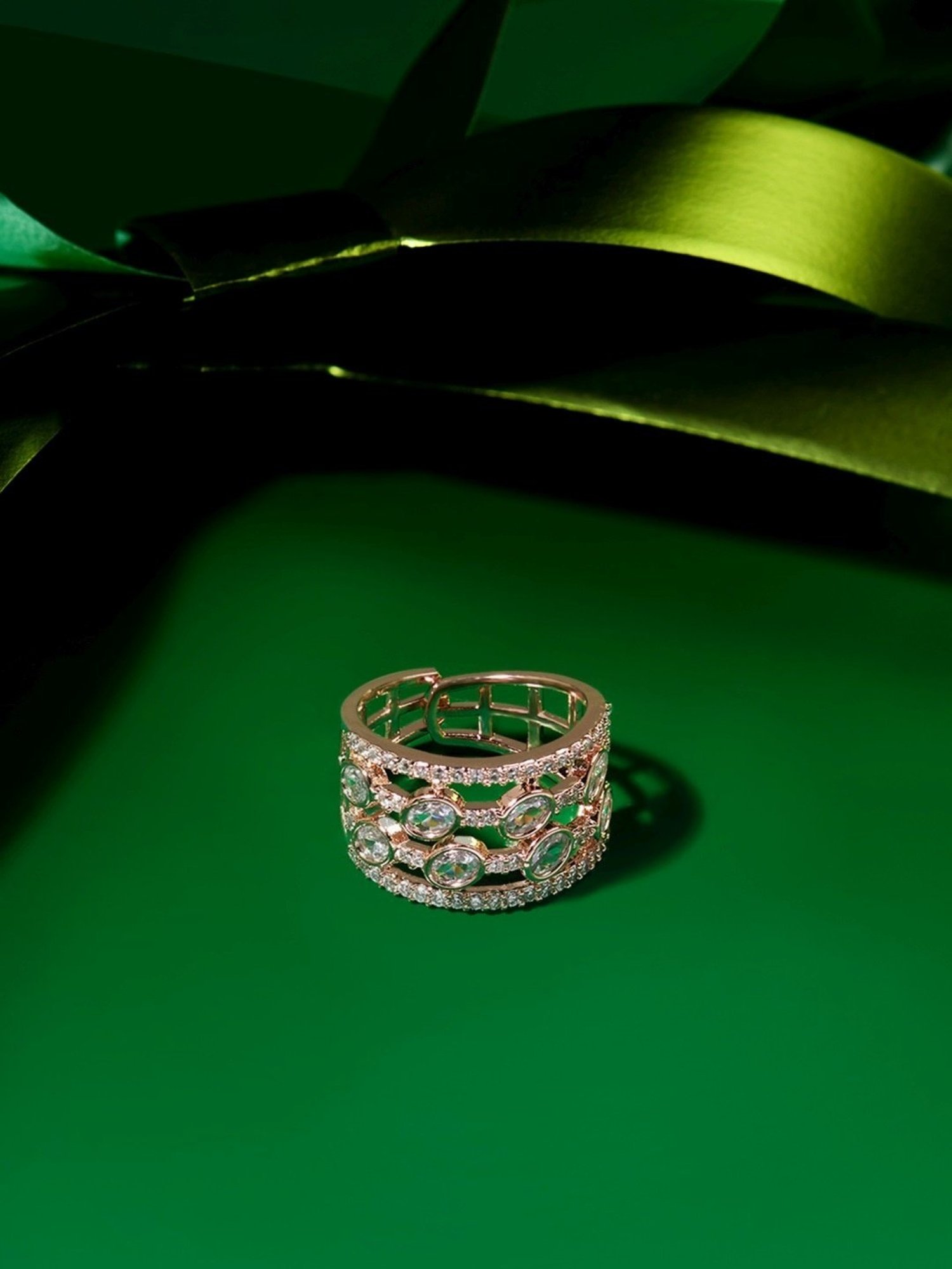 Zaveri Pearls Rose Gold Dazzling Cubic Zirconia Party Bling Statement Brass Ring-ZPFK16484