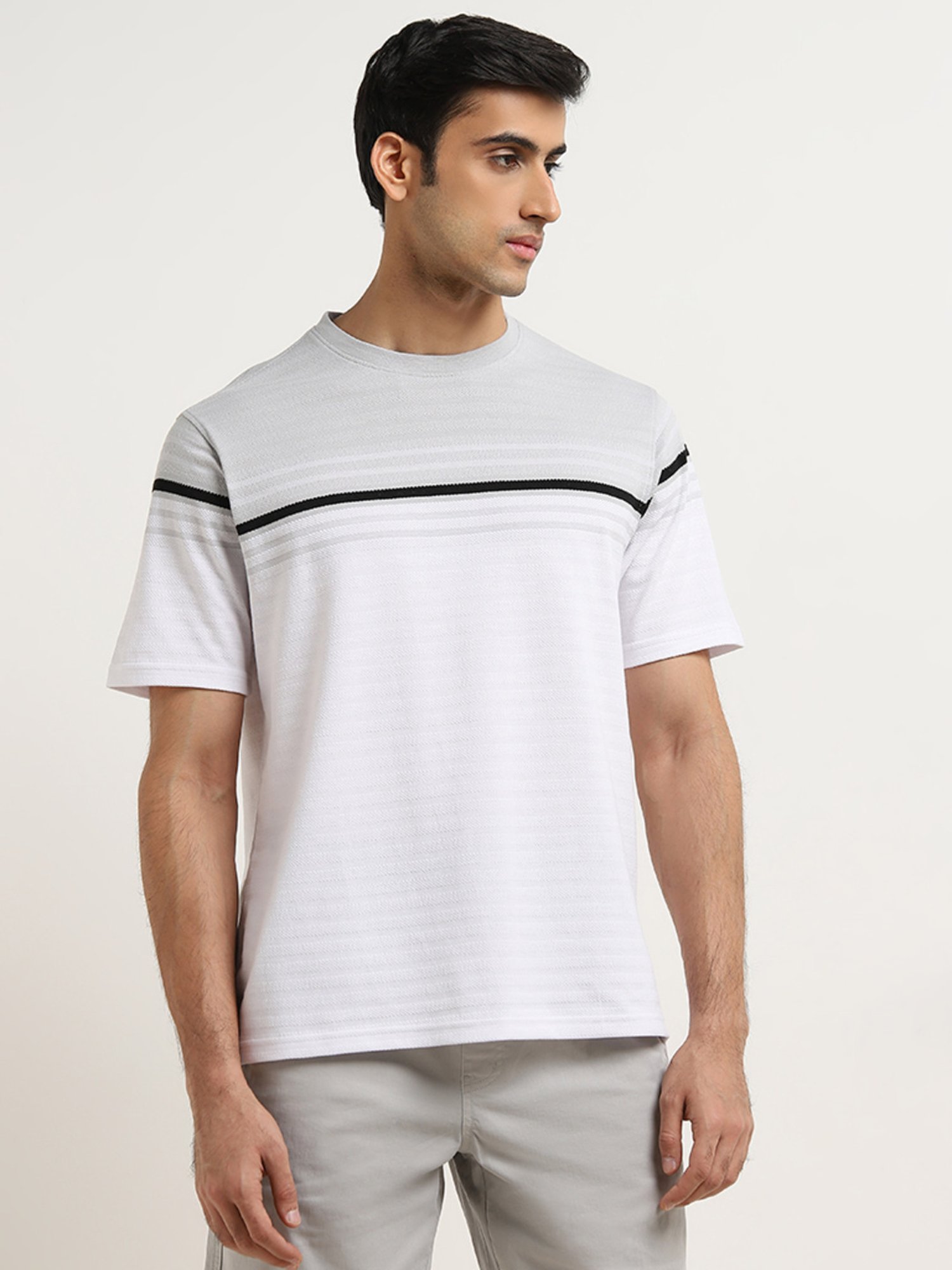 WES Lounge by Westside Light Grey Striped Relaxed-Fit T-Shirt