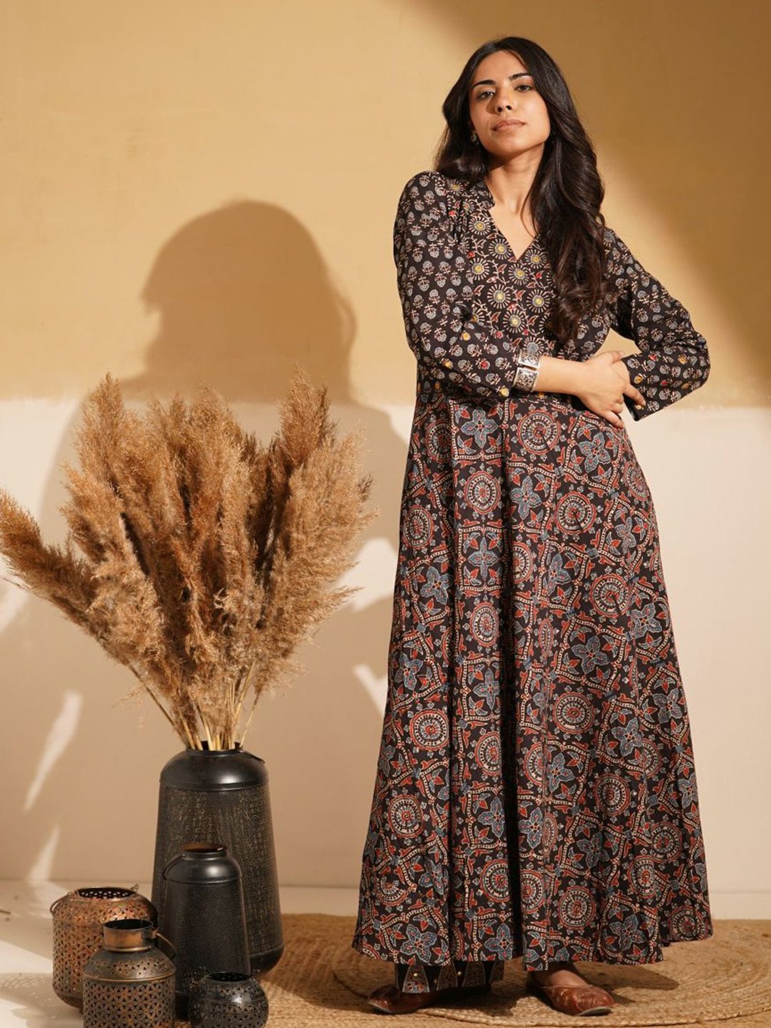 Love Chic Black Cotton Ajrakh Flare Kurta