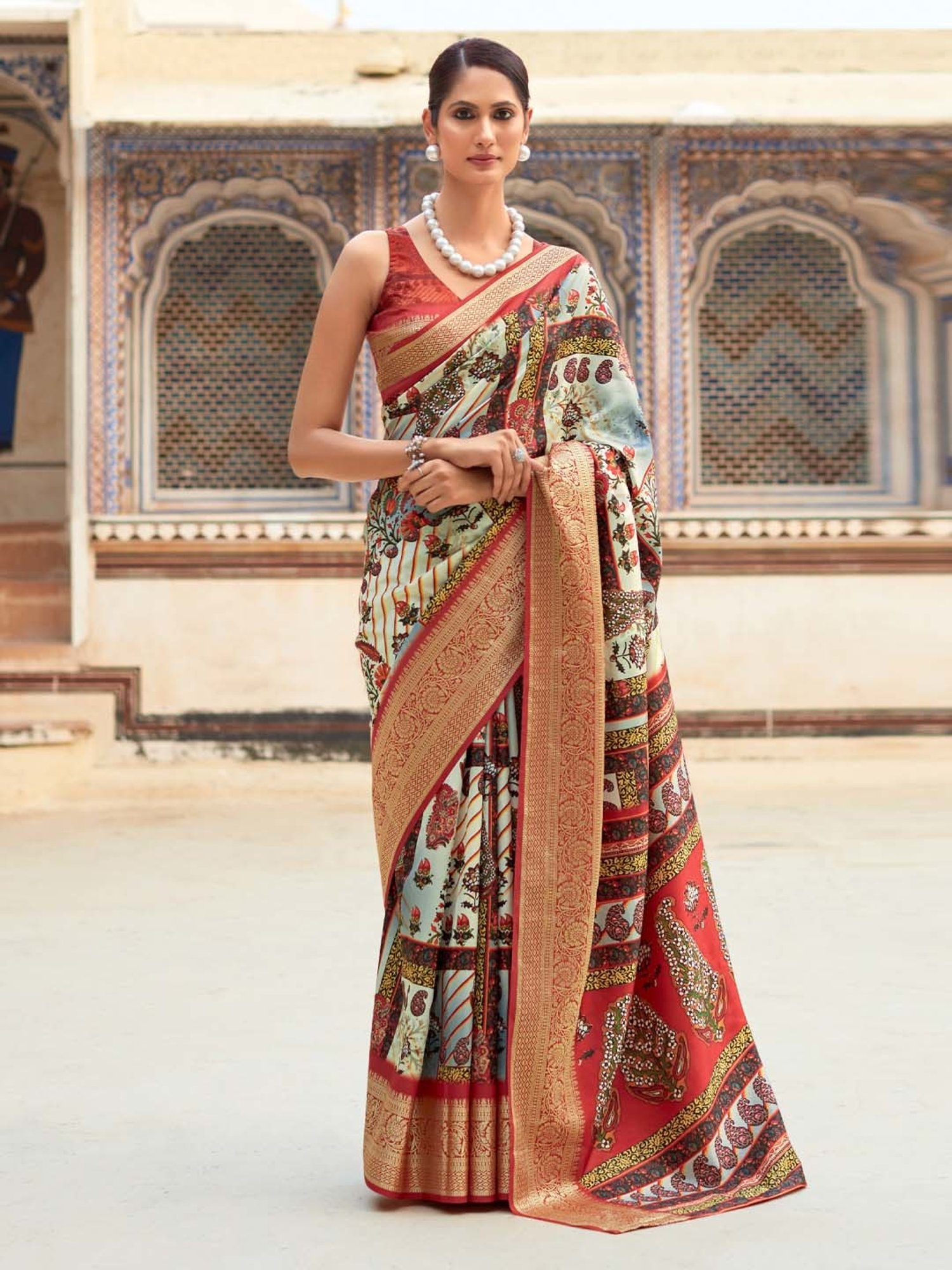 Saree Mall Green & Red Silk Printed Saree With Unstitched Blouse