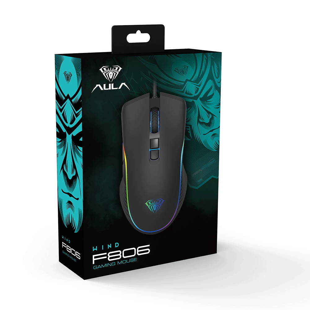 AULA F806 Wired Optical Mouse 4800 DPI with 7 Keys Non-slip Wings Suitable Office and Gaming Mouse, Black