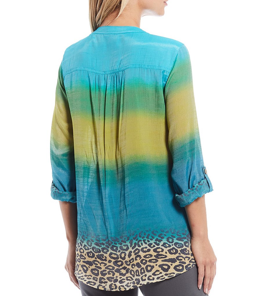 Multiples Petite Size Ombre Cheetah Print Band Notch Neckline Roll-Tab Sleeve Button Down Tie-Front Top