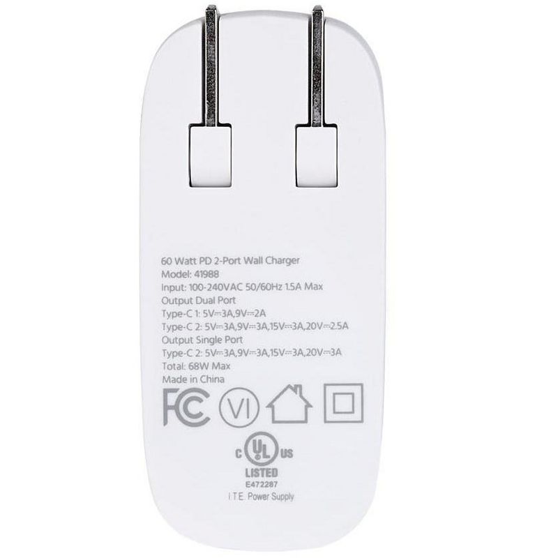 Monoprice USB-C Charger, 68W 2-port PD GaN Technology Wall Charger White, for MacBook Pro/Air, iPad Pro, iPhone 12/11/Pro/Max/XR/XS/X, Pixel, Galaxy