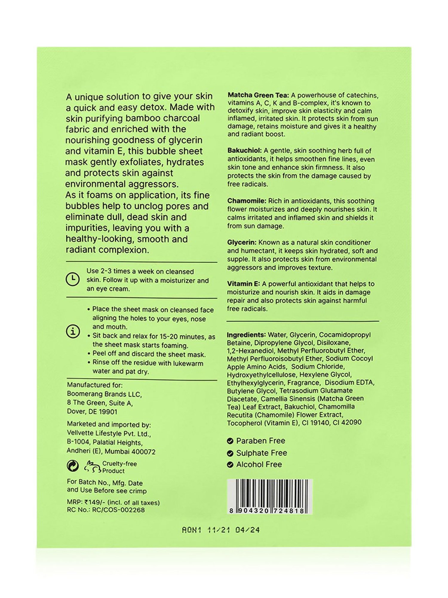 Quench Botanics Matcha Better Bubble Sheet Mask for Skin Detox - 21 ml