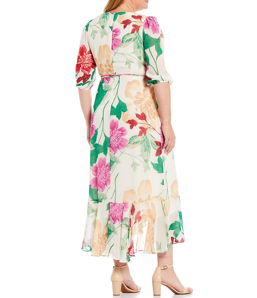 Maison Tara Plus Size Surplice V-Neck Balloon Short Sleeve Floral Wrap Maxi Dress