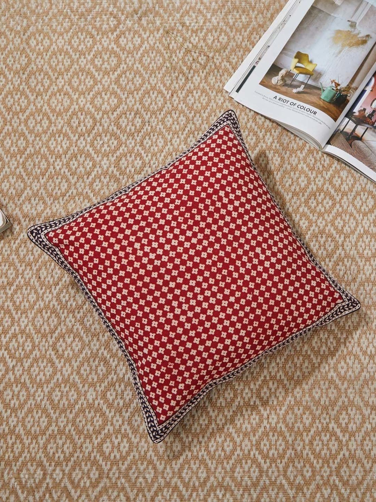 Fabindia Home Baghni Red & Black 175 GSM Cotton Cushion Cover