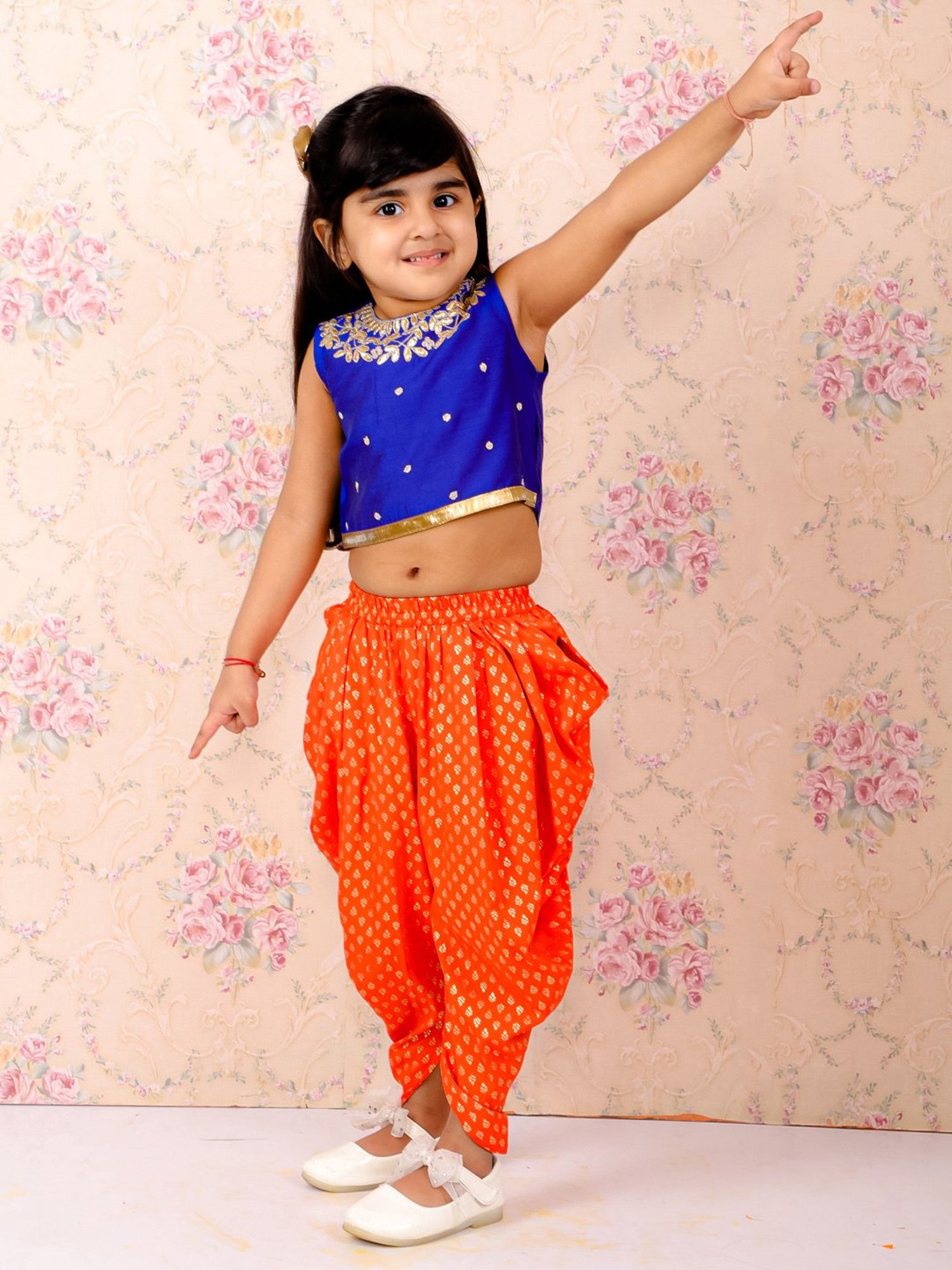 TWISHA Kids Royal Blue & Orange Embellished Top with Dhoti