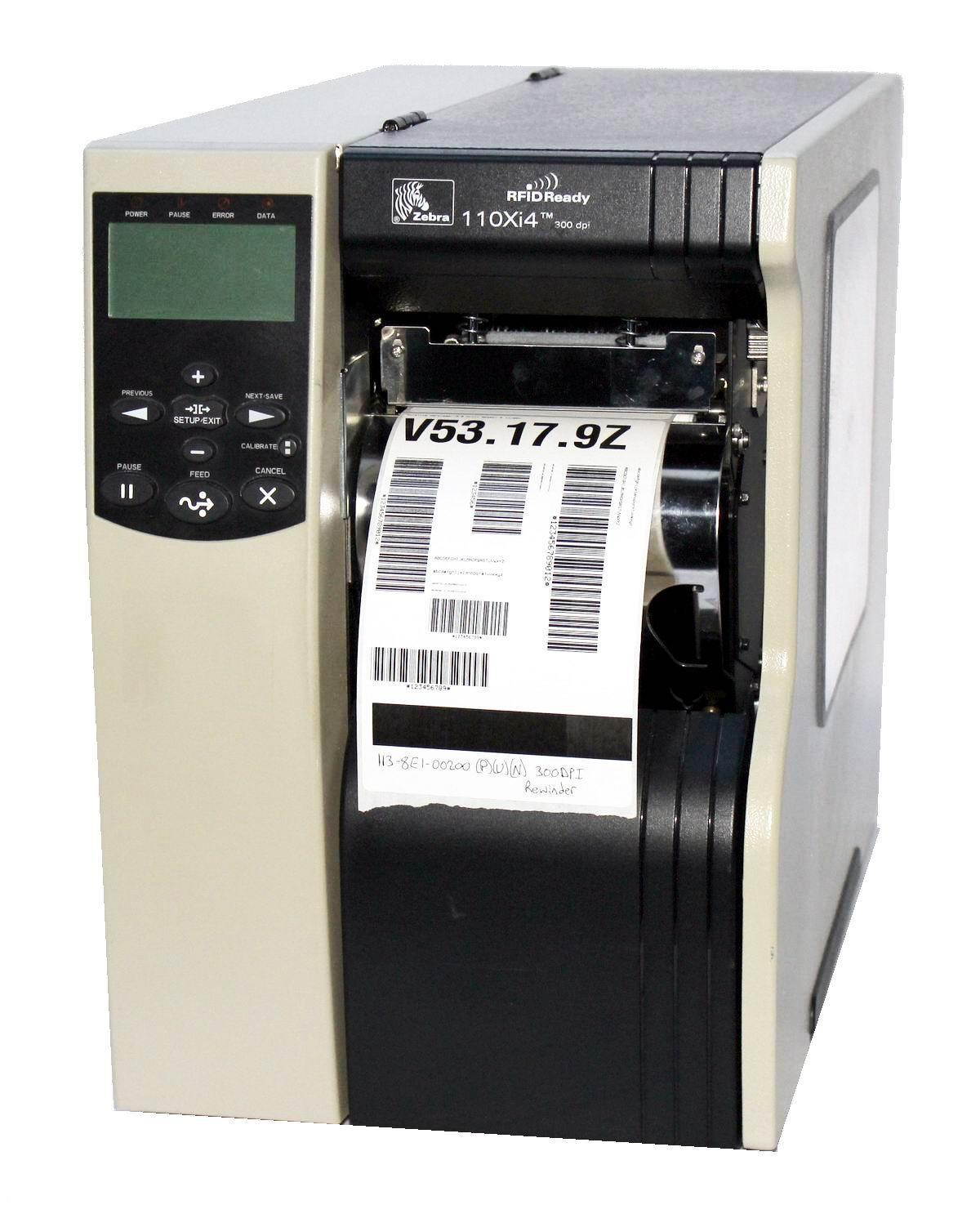 Zebra 110Xi4 113-8G1-00200 Thermal Barcode Label Printer Parallel USB Network Wireless Rewinder RFID 300DPI