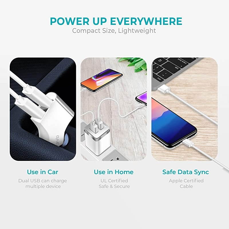 iPhone Charger,  Apple MFi Certified 4ft Lightning USB Cable with Dual Port Wall & Car Charger Adapter for iPhone 11 Pro Max X Xs XR 8 7 6s 5 SE, iPad Pro Air Mini - White