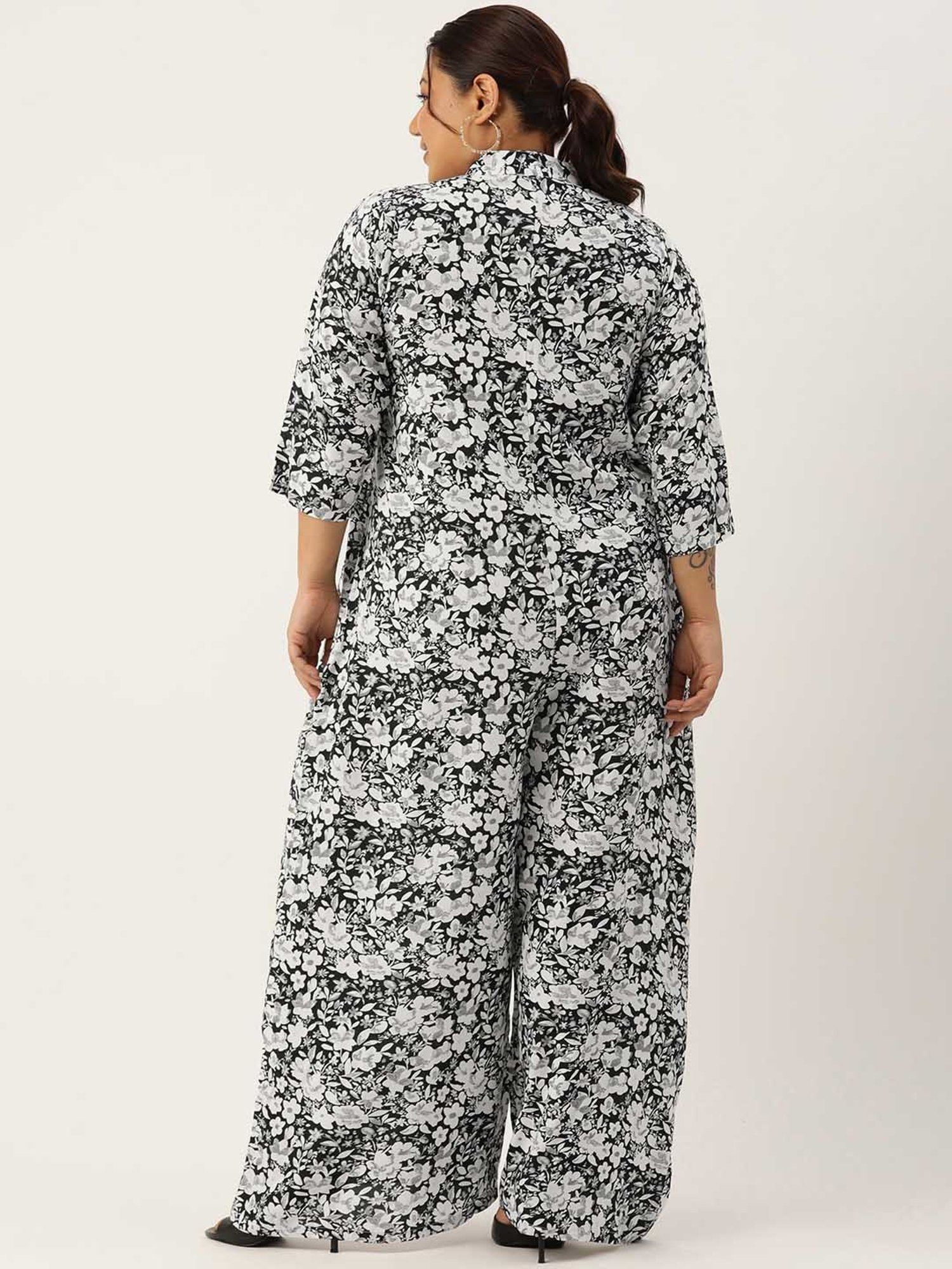 theRebelinme Black & White Floral Print Plus Size Jumpsuit