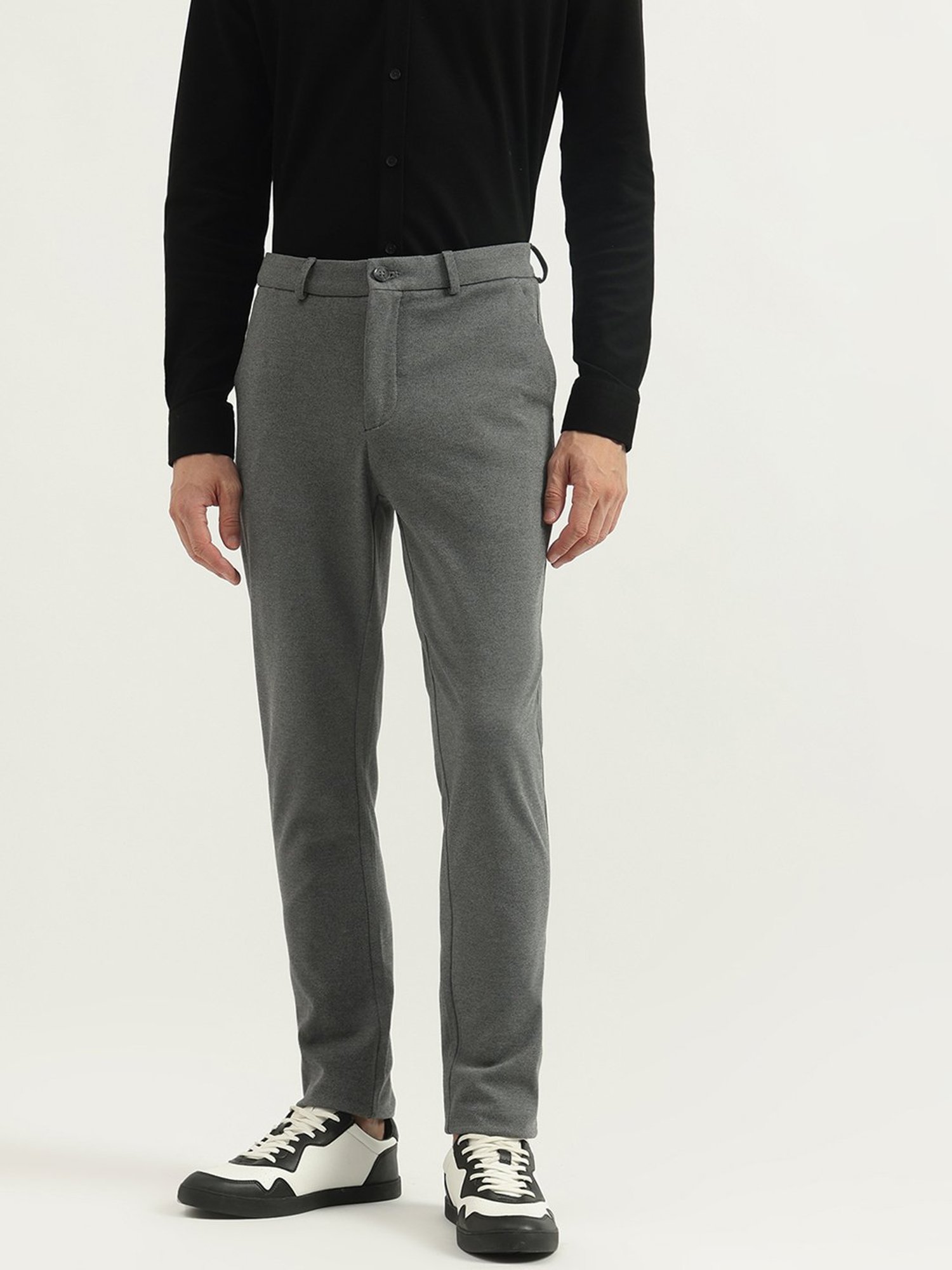 United Colors of Benetton Grey Polyester Viscose Blend Slim Textured Chinos