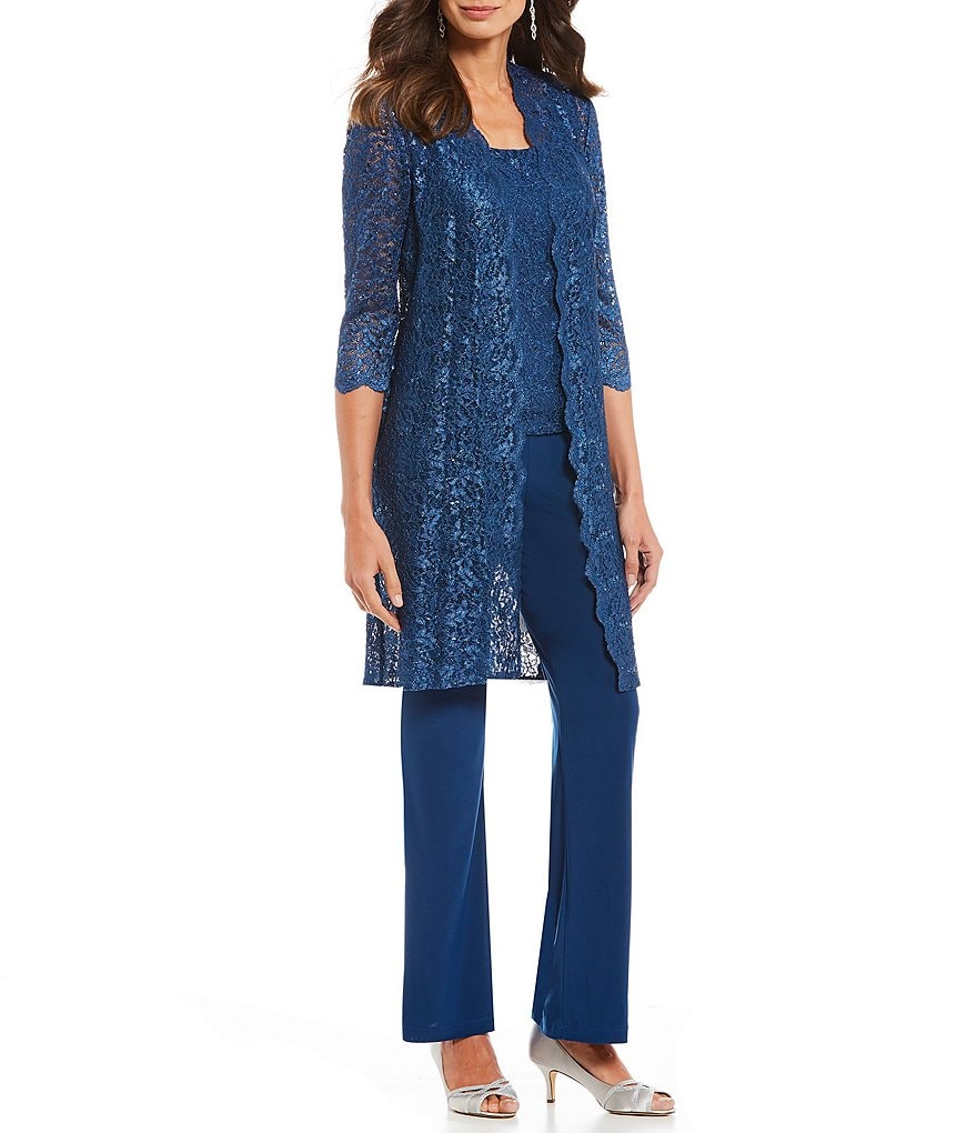 R & M Richards 3-Piece Sequin Glitter Scallop Lace Duster Pant Set