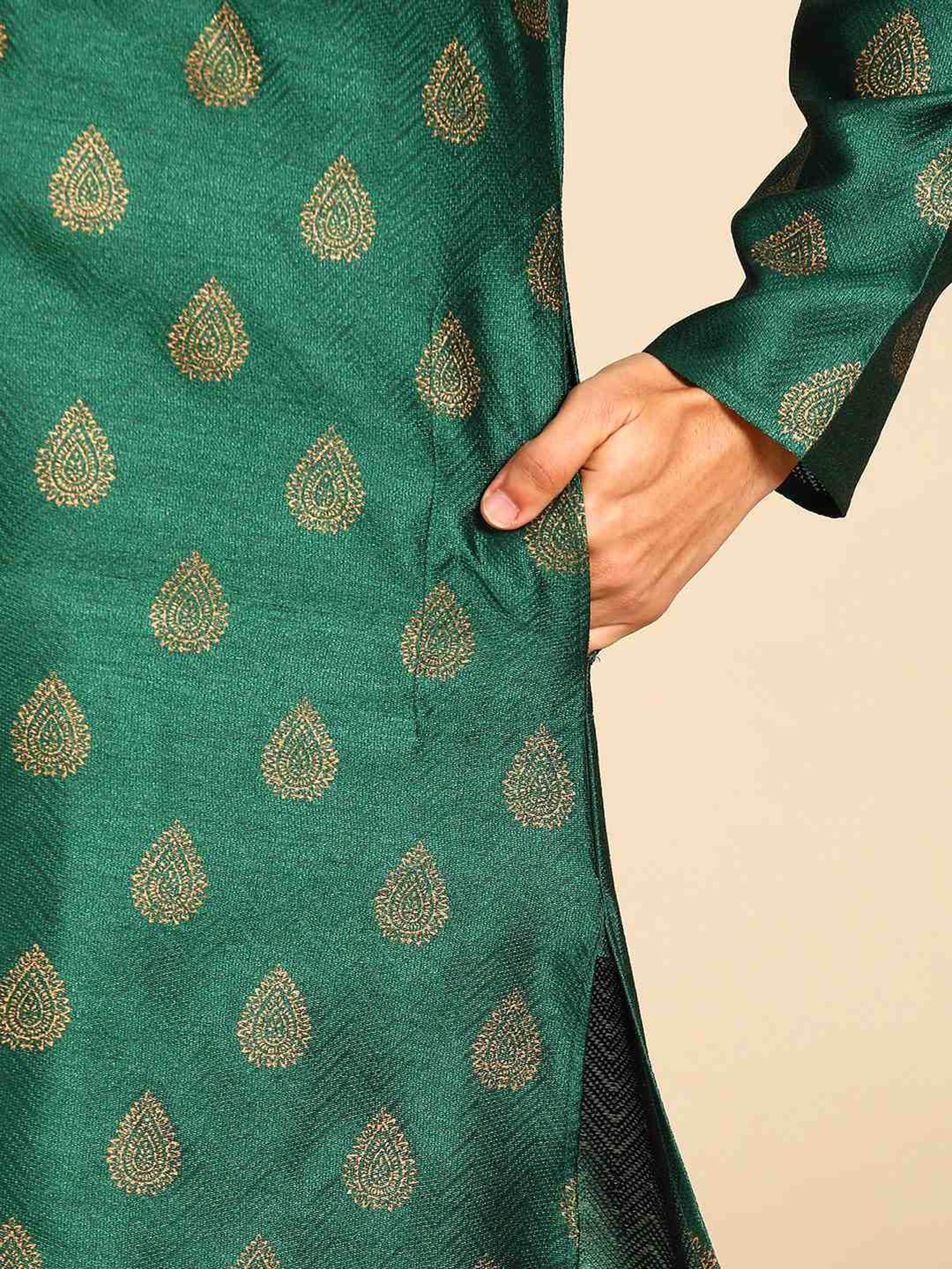 ManQ Green & White Regular Fit Printed Kurta Bottom Set