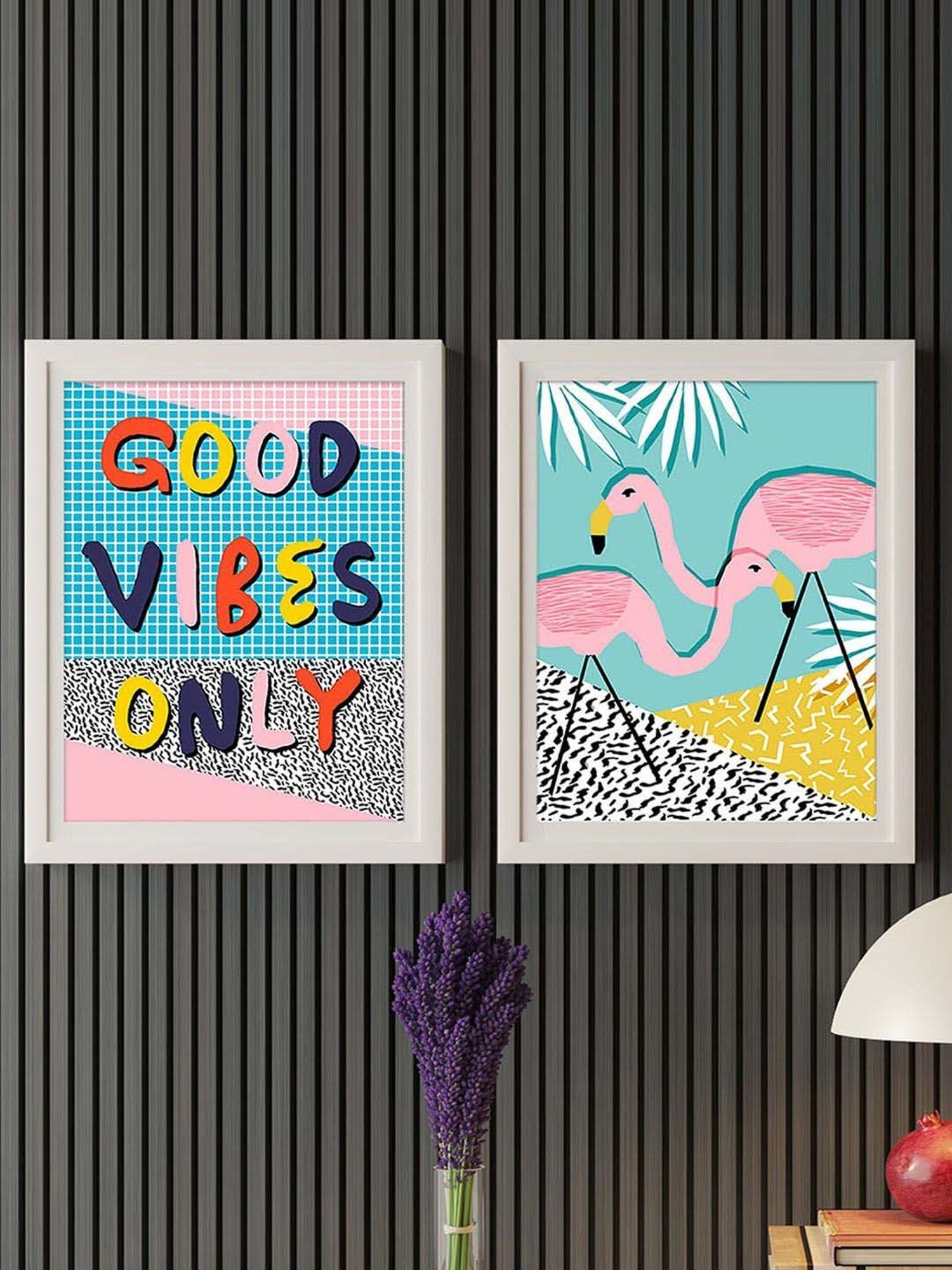 Art Street Pink Engineered Wood Good Vibe Only & Flamingo Posters Wall Art - Set of 2