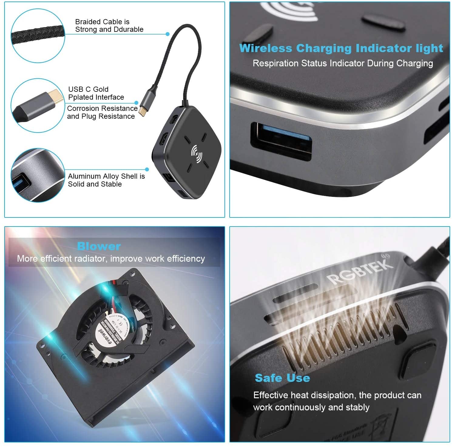 USB C Hub, 9 in1 USB C Docking Station to HDMI, Wireless Charger, Gigabit Ethernet, 3 USB 3.0, 60W PD RJ45,SD/TF Card Reader, USB C Dock for MacBook Pro2020 and Type C Device (Thunderbolt 3)