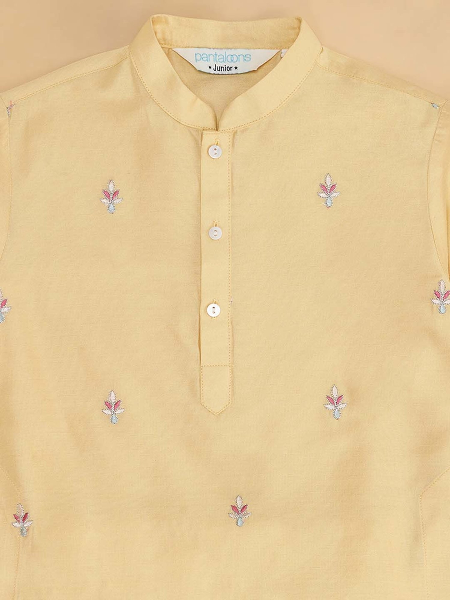Indus Route by Pantaloons Kids Honey Mustard & White Embroidered Full Sleeves Kurta Set