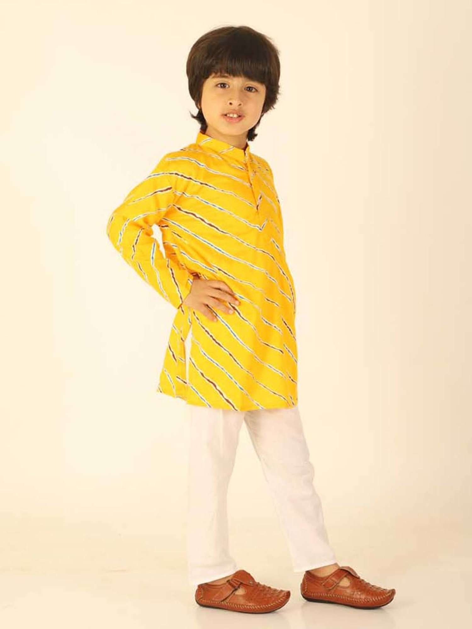Ahhaaaa Kids Yellow & White Cotton Striped Full Sleeves Kurta Set