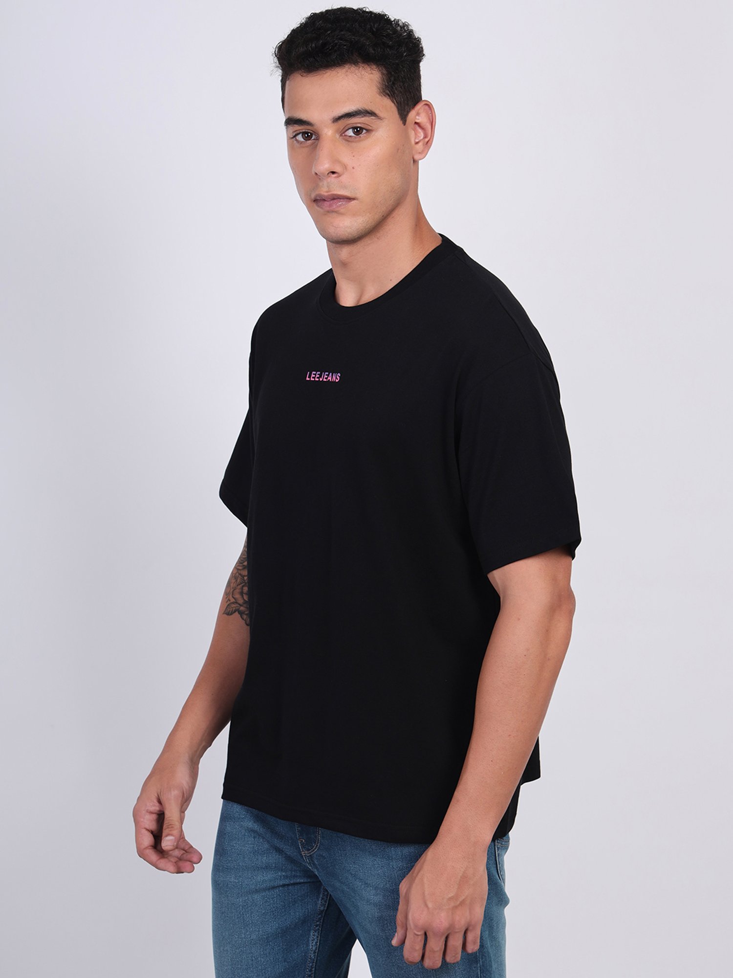 Lee Black Loose Fit Printed Cotton Oversized Crew T-Shirt