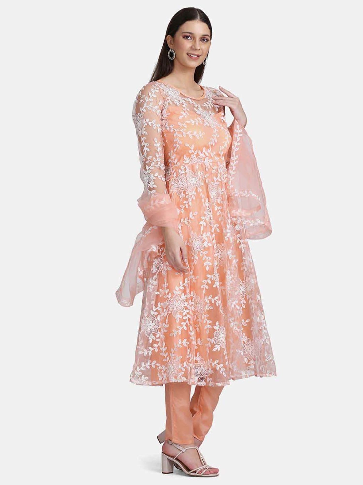 Warthy Ent Peach Embroidered Semi Stitched Dress Material