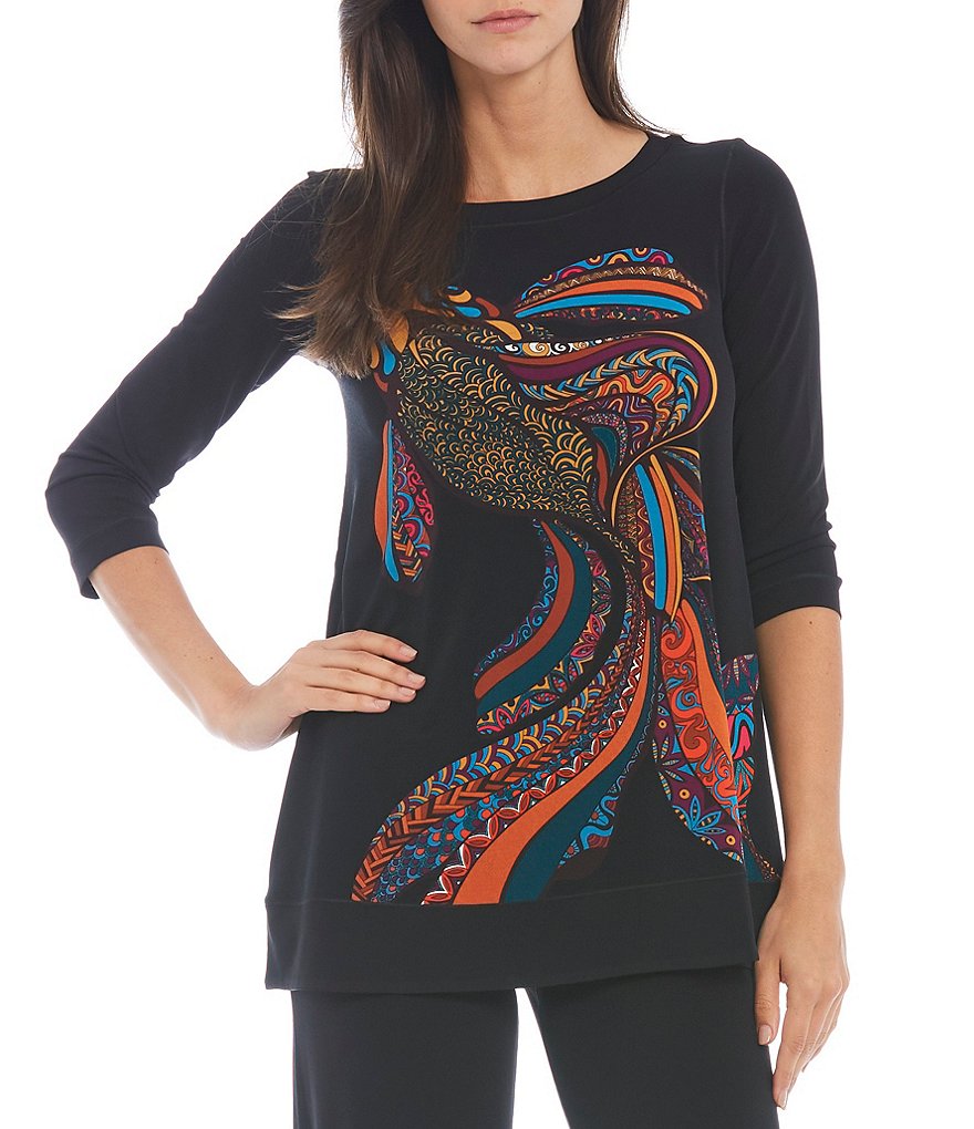 Eva Varro Fish Placement Print Boat Neck 3/4 Sleeve Coordinating Tunic