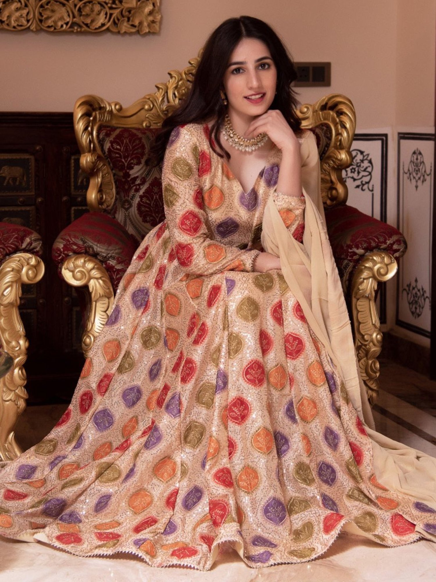 Calmna Sitara Beige Sequin Anarkali Suit Set