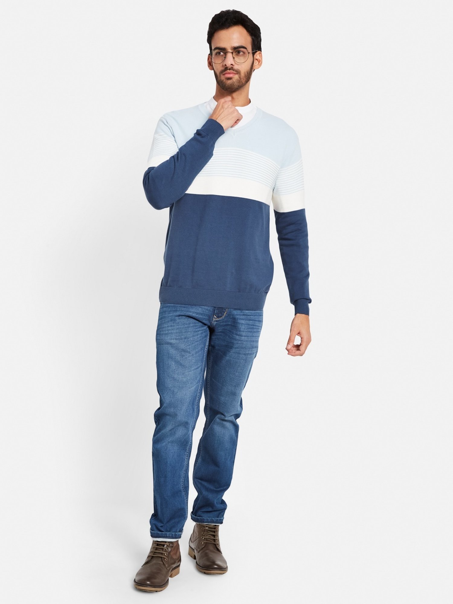 METTLE Sky Blue Cotton Regular Fit Striped Sweater
