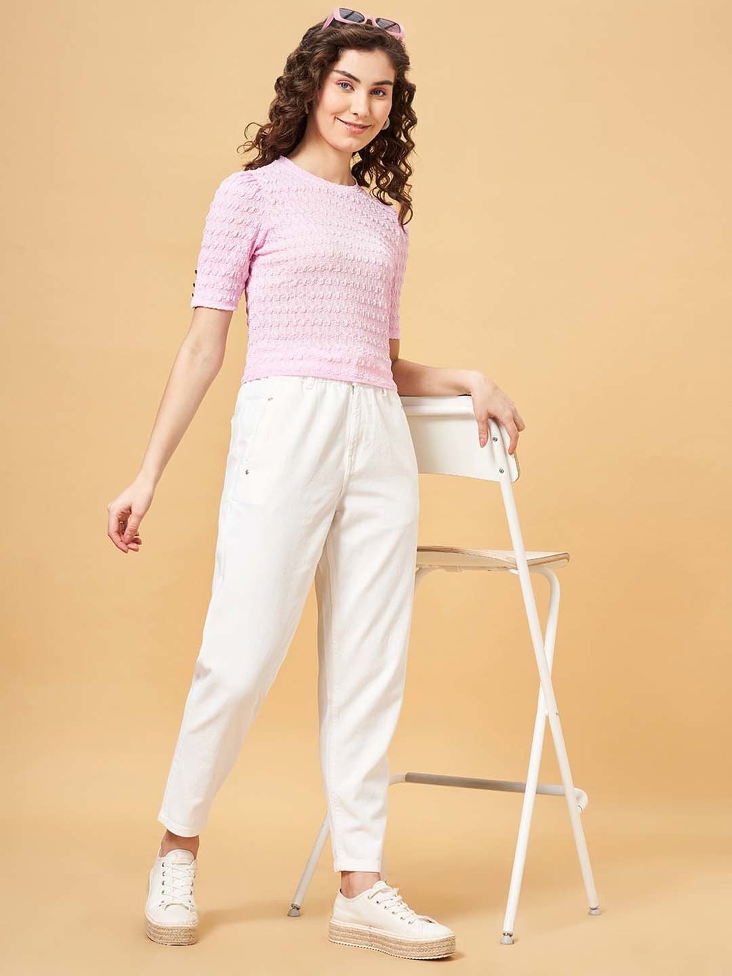 People by Pantaloons Pink Self Pattern Top