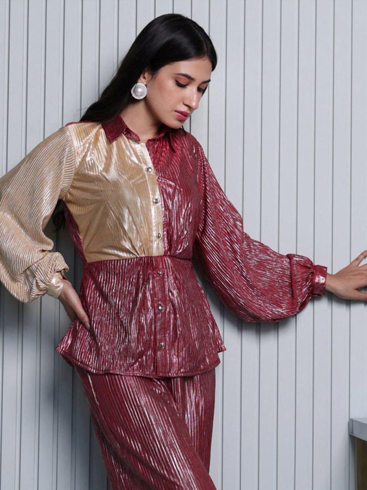 BInfinite Metallic Gold Garnet Pleated Shirt