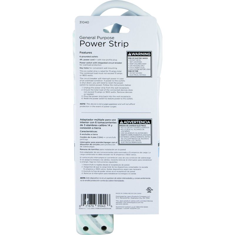 GE General Purpose 6-Outlet Power Strip with 4ft Extension Cord, Striped Design, White, Gray and Mint