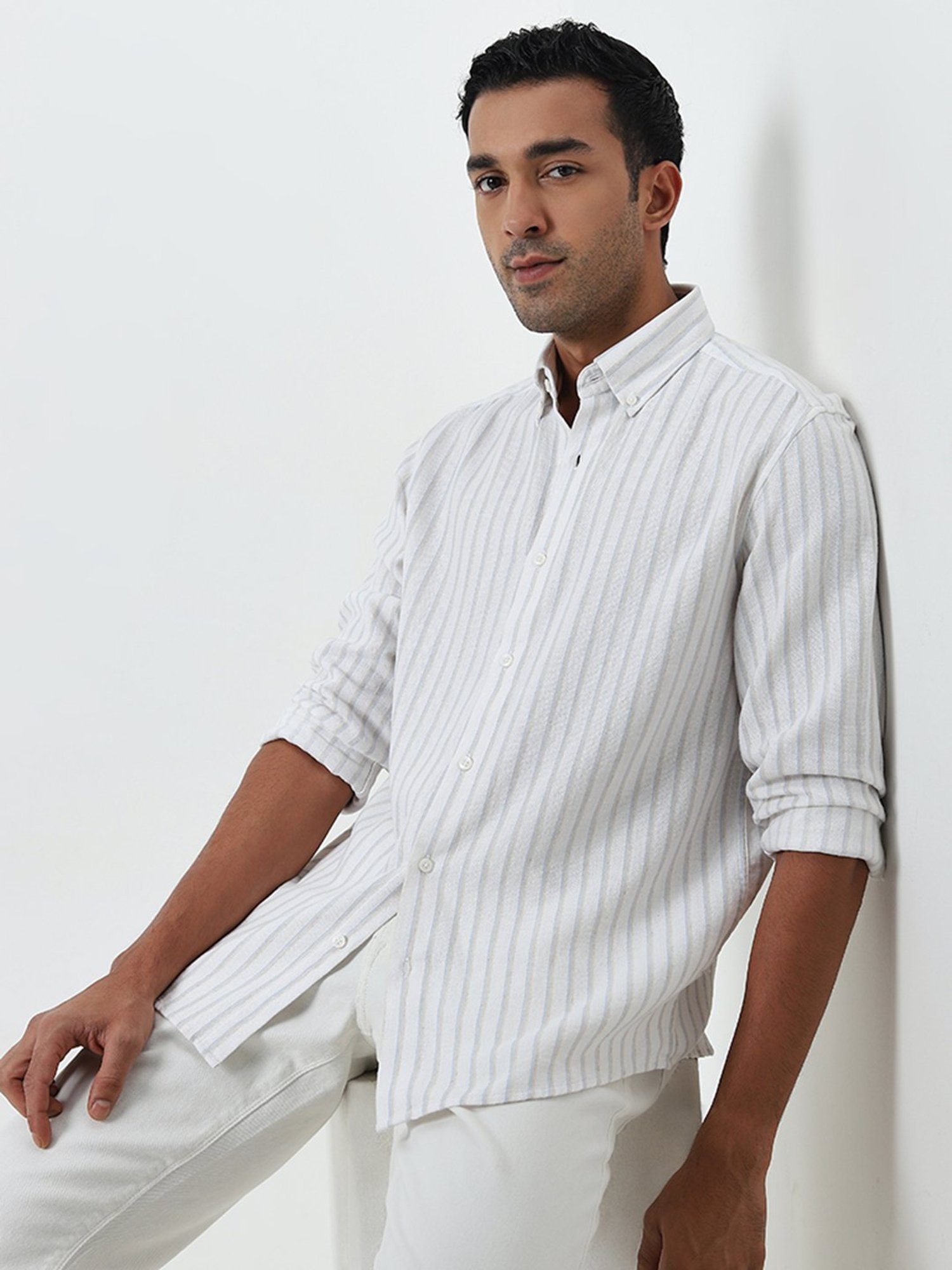Ascot by Westside Off-White Stripe Print Relaxed-Fit Cotton Blend Shirt