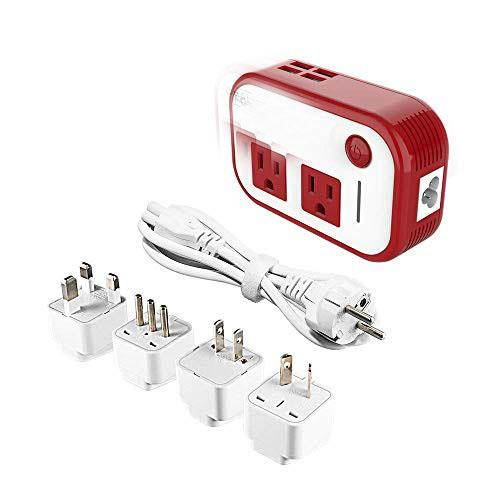 Power Step Down 220V to 110V Voltage Converter with 4Port USB Internonal Power Travel Adapter in UK European Italy Asia More Than 150 Countries Over The WorldRed