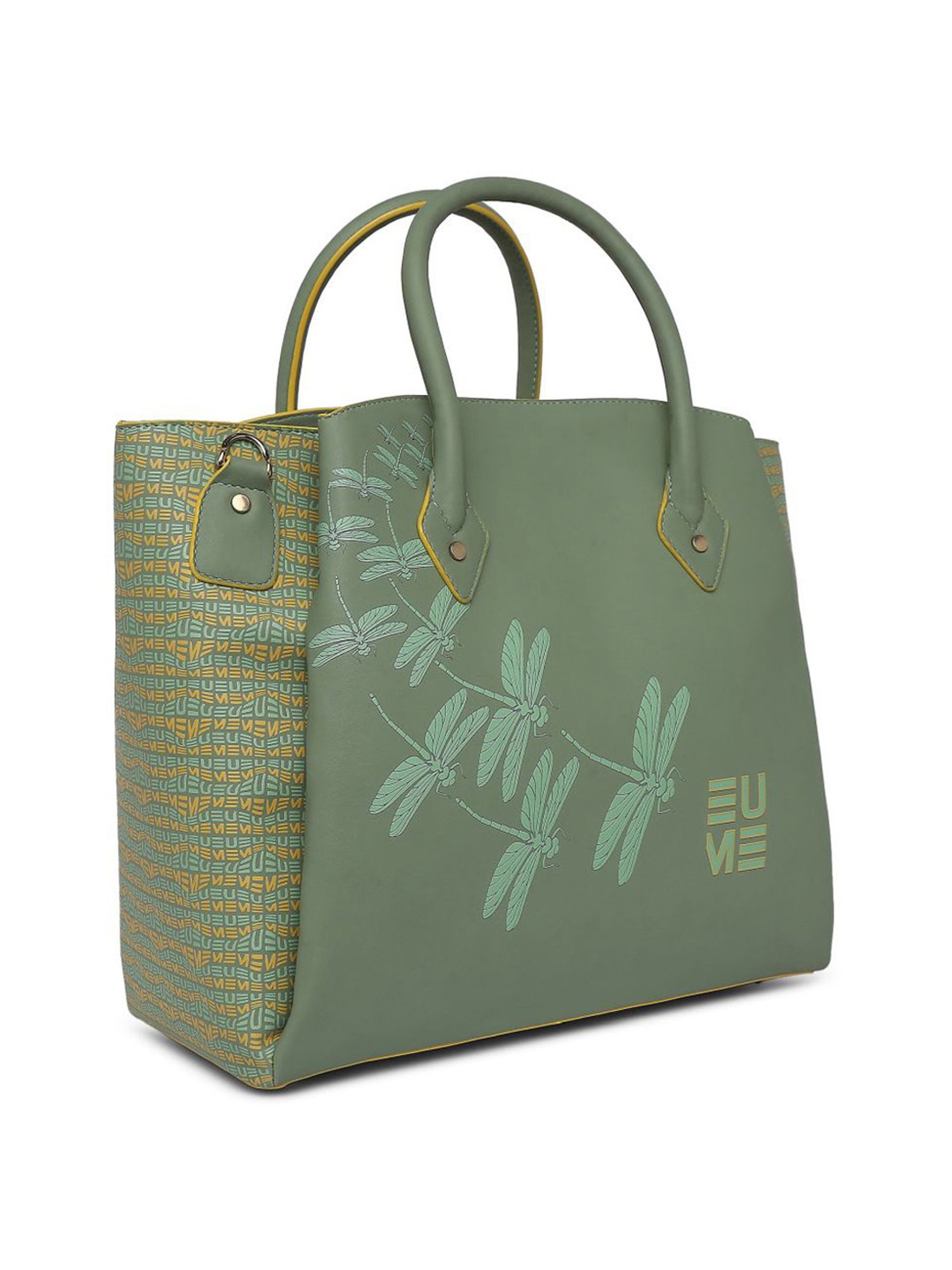Eume Dragonfly Basil Green Leather Printed Handbag